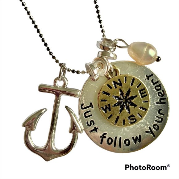 Nautical Compass Anchor Pearl Pendant Necklace Silver Plated 19" Freshwater - Picture 2 of 12